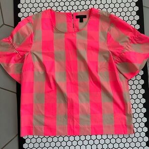 Jcrew Neon Pink Buffalo Check Ruffled Sleeve Blouse